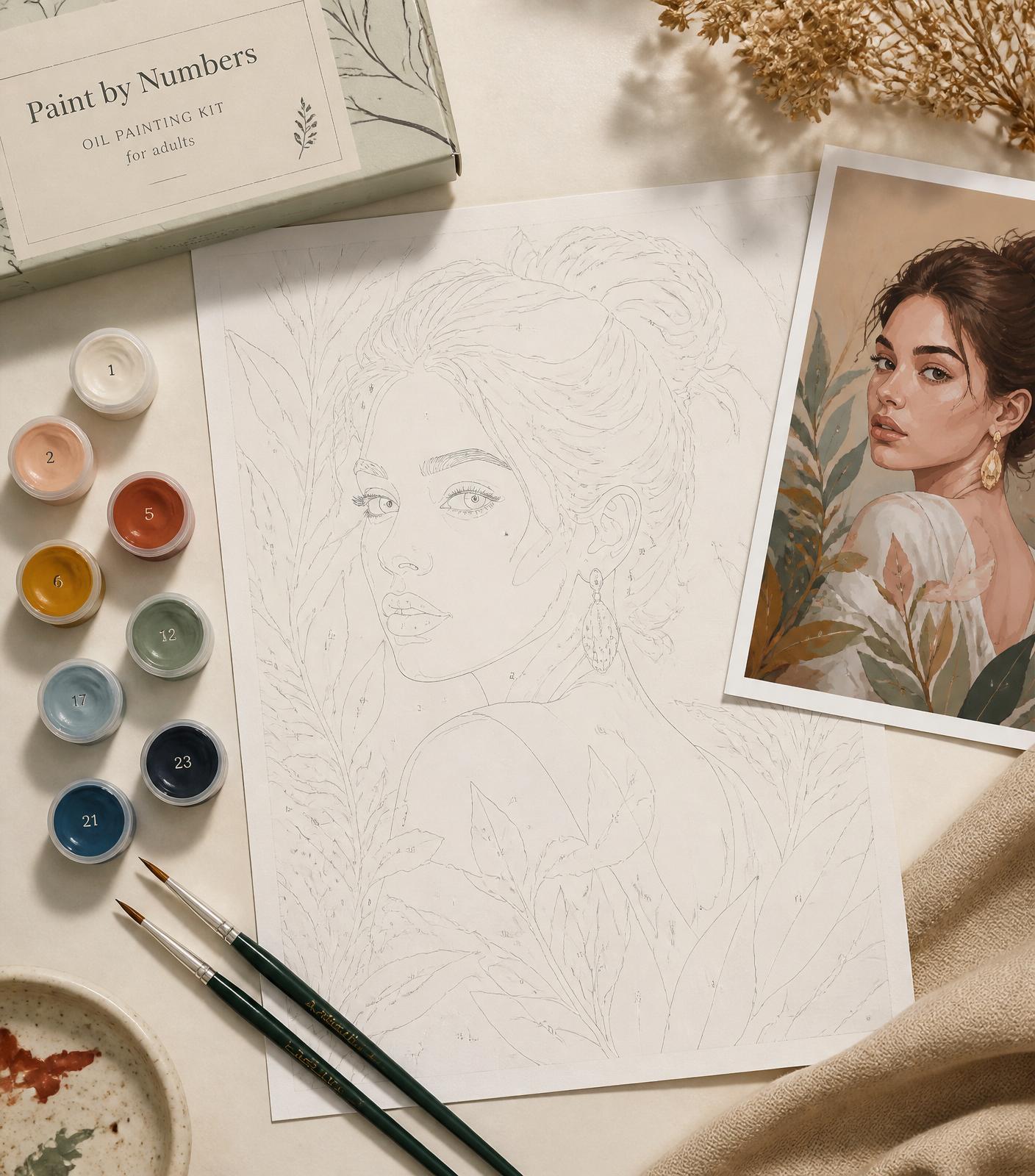 A paint-by-numbers portrait template arranged with numbered paint pots, brushes and a finished color reference on warm cream paper.